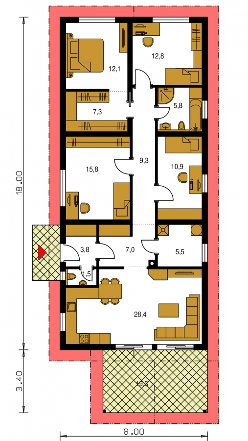 Prízemný 5-izbový rodinný dom vhodný aj na úzky pozemok. 